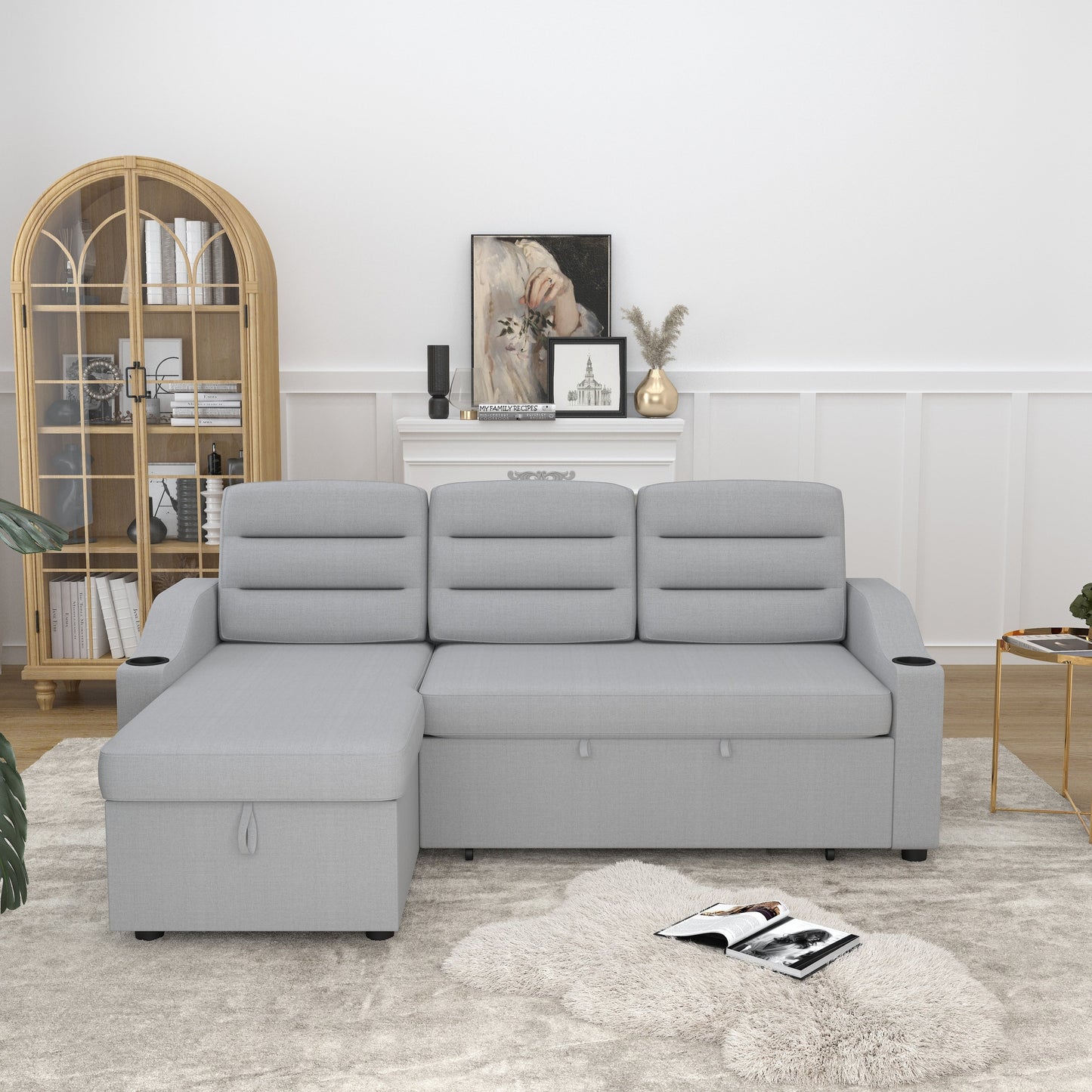 Canapé-lit convertible 3 places en polyester de 83,5 pouces avec lit gigogne, fauteuil inclinable avec rangement, porte-gobelet et poches latérales