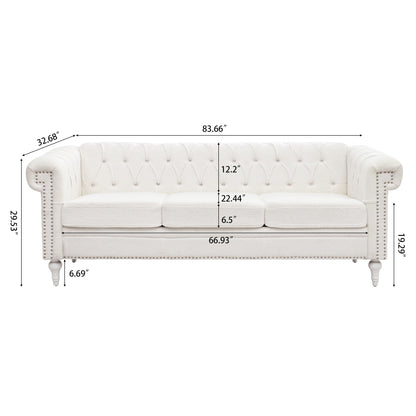 Canapé 3 places en cuir PU 83,66 pouces avec accoudoirs carrés et coussins amovibles, support à ressorts ensachés et garniture cloutée