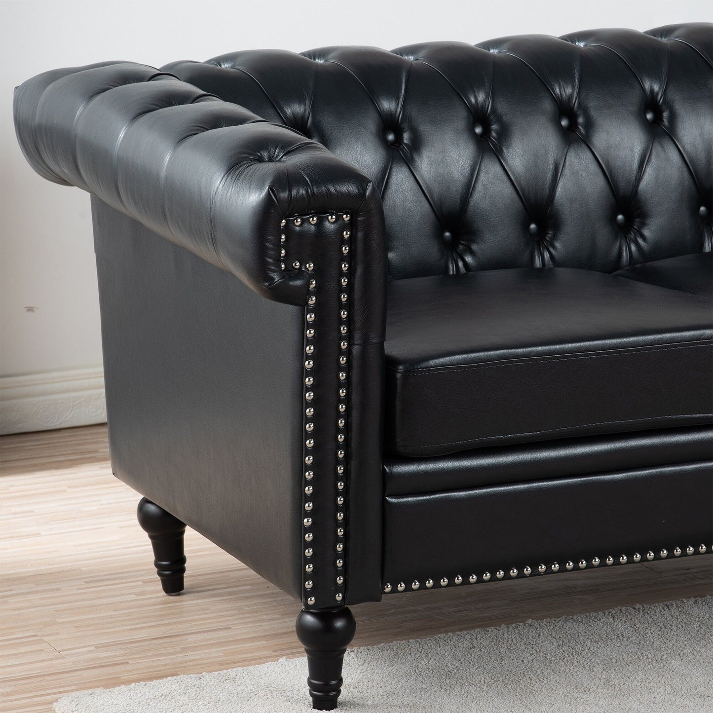 Canapé 3 places en cuir PU 83,66 pouces avec accoudoirs carrés et coussins amovibles, support à ressorts ensachés et garniture cloutée