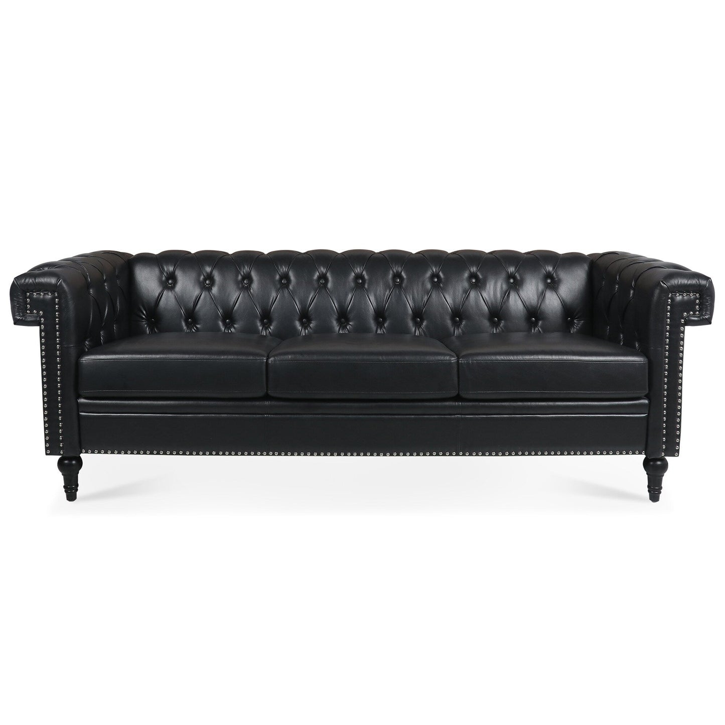 Canapé 3 places en cuir PU 83,66 pouces avec accoudoirs carrés et coussins amovibles, support à ressorts ensachés et garniture cloutée