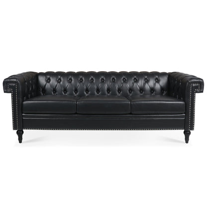 Canapé 3 places en cuir PU 83,66 pouces avec accoudoirs carrés et coussins amovibles, support à ressorts ensachés et garniture cloutée