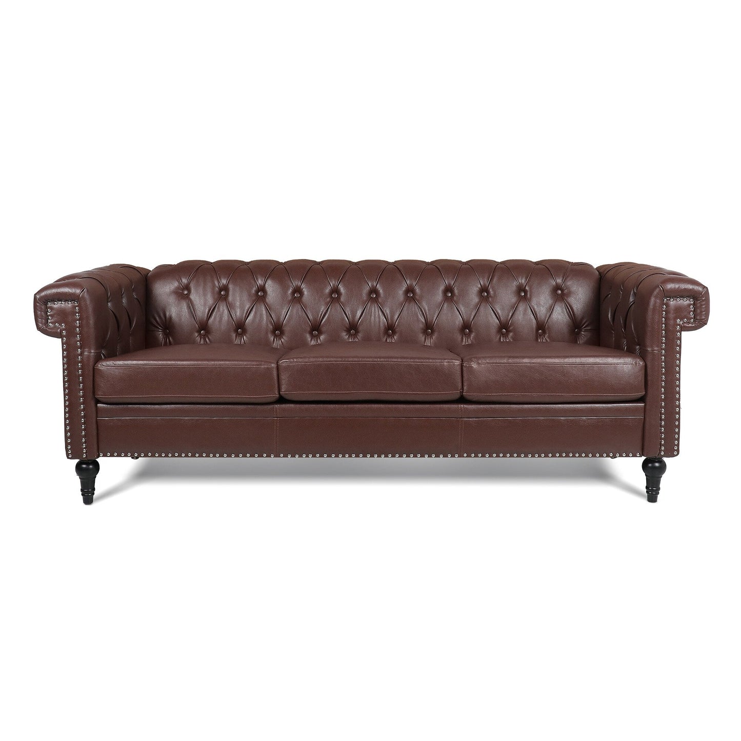 Canapé 3 places en cuir PU 83,66 pouces avec accoudoirs carrés et coussins amovibles, support à ressorts ensachés et garniture cloutée