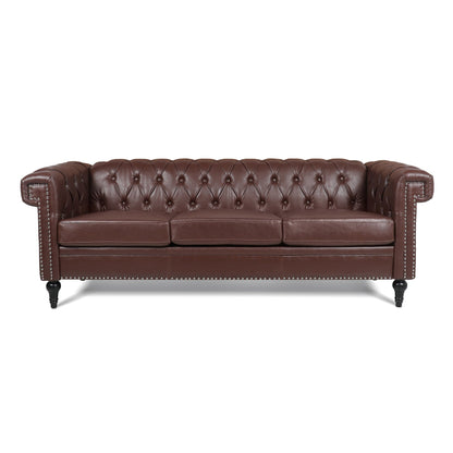 Canapé 3 places en cuir PU 83,66 pouces avec accoudoirs carrés et coussins amovibles, support à ressorts ensachés et garniture cloutée