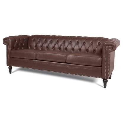 Canapé 3 places en cuir PU 83,66 pouces avec accoudoirs carrés et coussins amovibles, support à ressorts ensachés et garniture cloutée