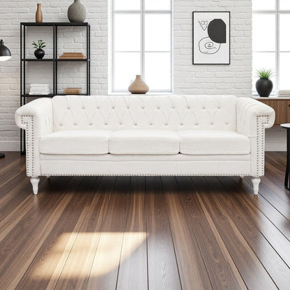 Canapé 3 places en cuir PU 83,66 pouces avec accoudoirs carrés et coussins amovibles, support à ressorts ensachés et garniture cloutée