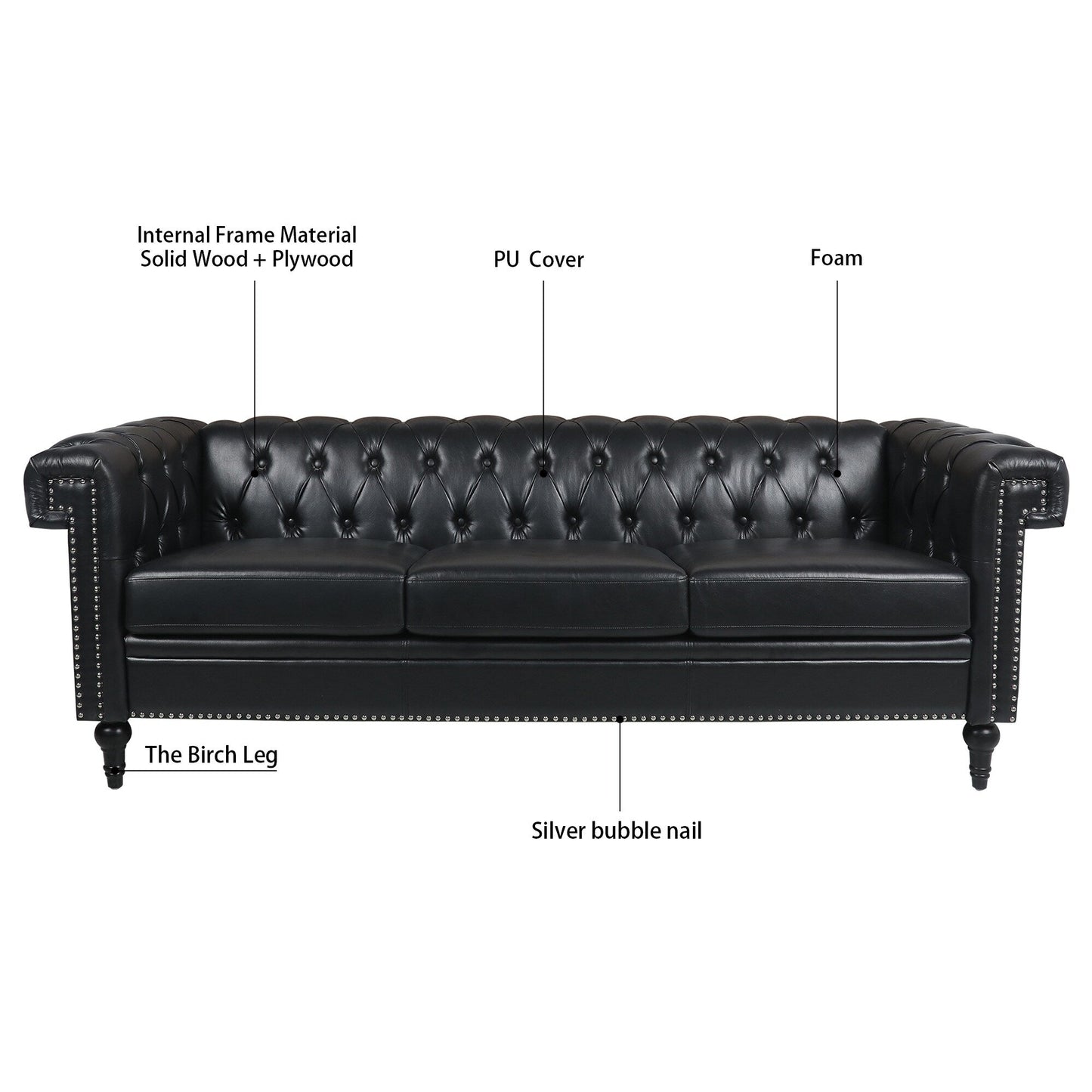 Canapé 3 places en cuir PU 83,66 pouces avec accoudoirs carrés et coussins amovibles, support à ressorts ensachés et garniture cloutée