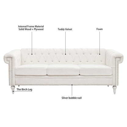 Canapé 3 places en cuir PU 83,66 pouces avec accoudoirs carrés et coussins amovibles, support à ressorts ensachés et garniture cloutée