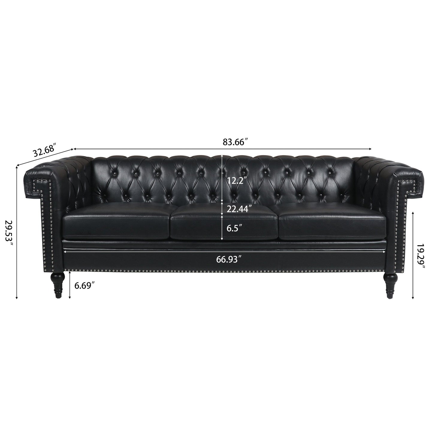 Canapé 3 places en cuir PU 83,66 pouces avec accoudoirs carrés et coussins amovibles, support à ressorts ensachés et garniture cloutée