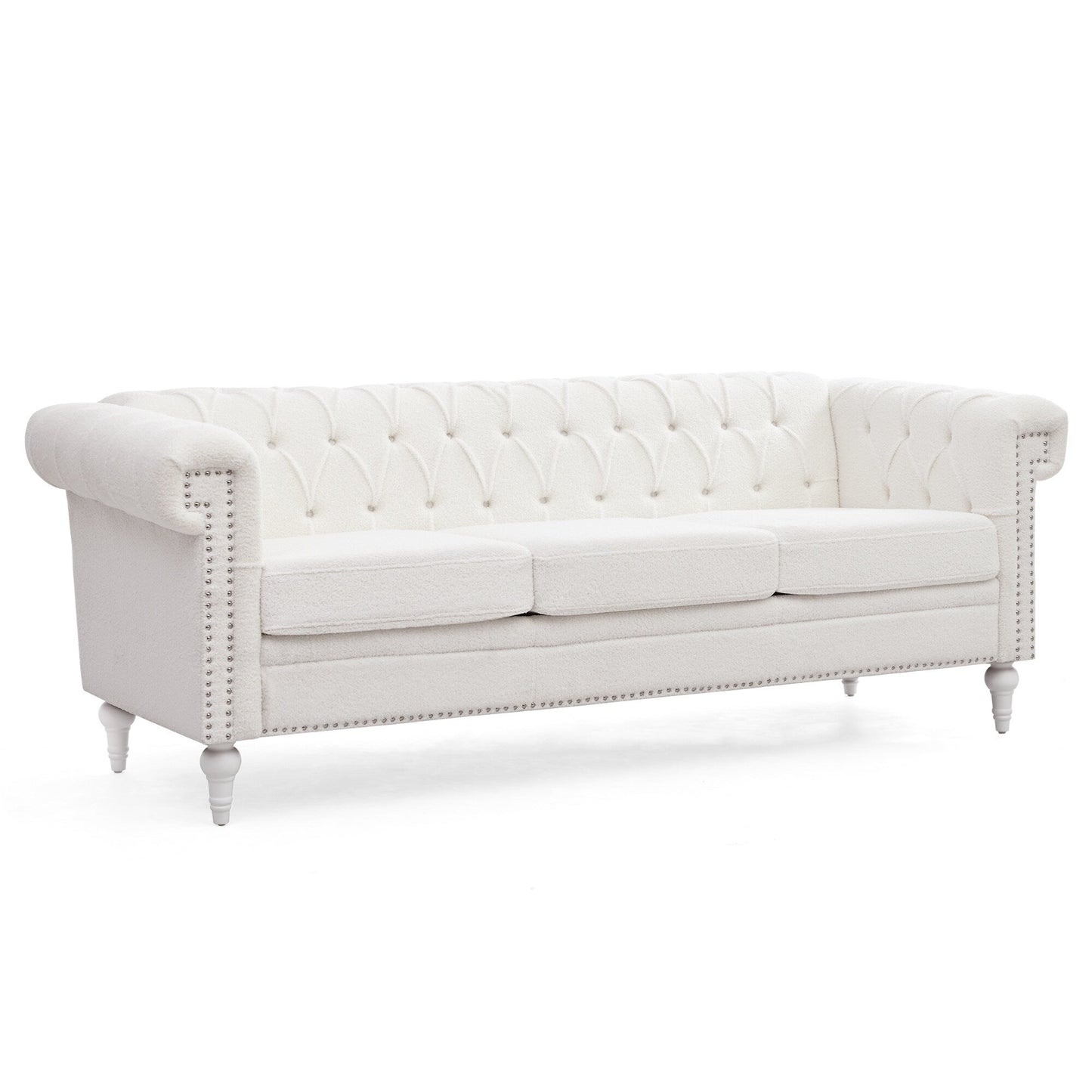 Canapé 3 places en cuir PU 83,66 pouces avec accoudoirs carrés et coussins amovibles, support à ressorts ensachés et garniture cloutée