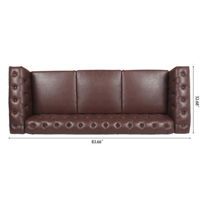 Canapé 3 places en cuir PU 83,66 pouces avec accoudoirs carrés et coussins amovibles, support à ressorts ensachés et garniture cloutée