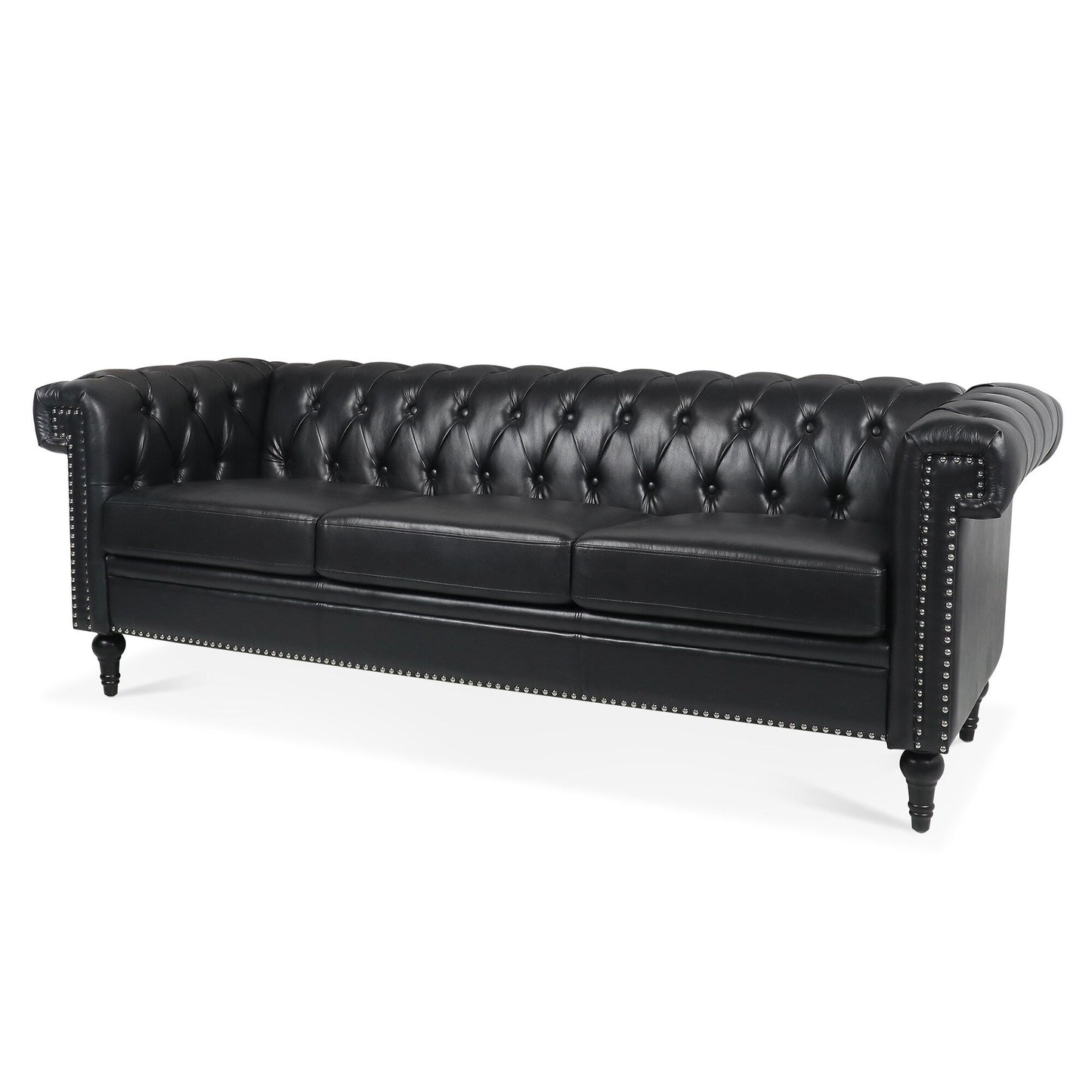 Canapé 3 places en cuir PU 83,66 pouces avec accoudoirs carrés et coussins amovibles, support à ressorts ensachés et garniture cloutée