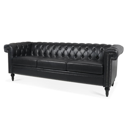 Canapé 3 places en cuir PU 83,66 pouces avec accoudoirs carrés et coussins amovibles, support à ressorts ensachés et garniture cloutée