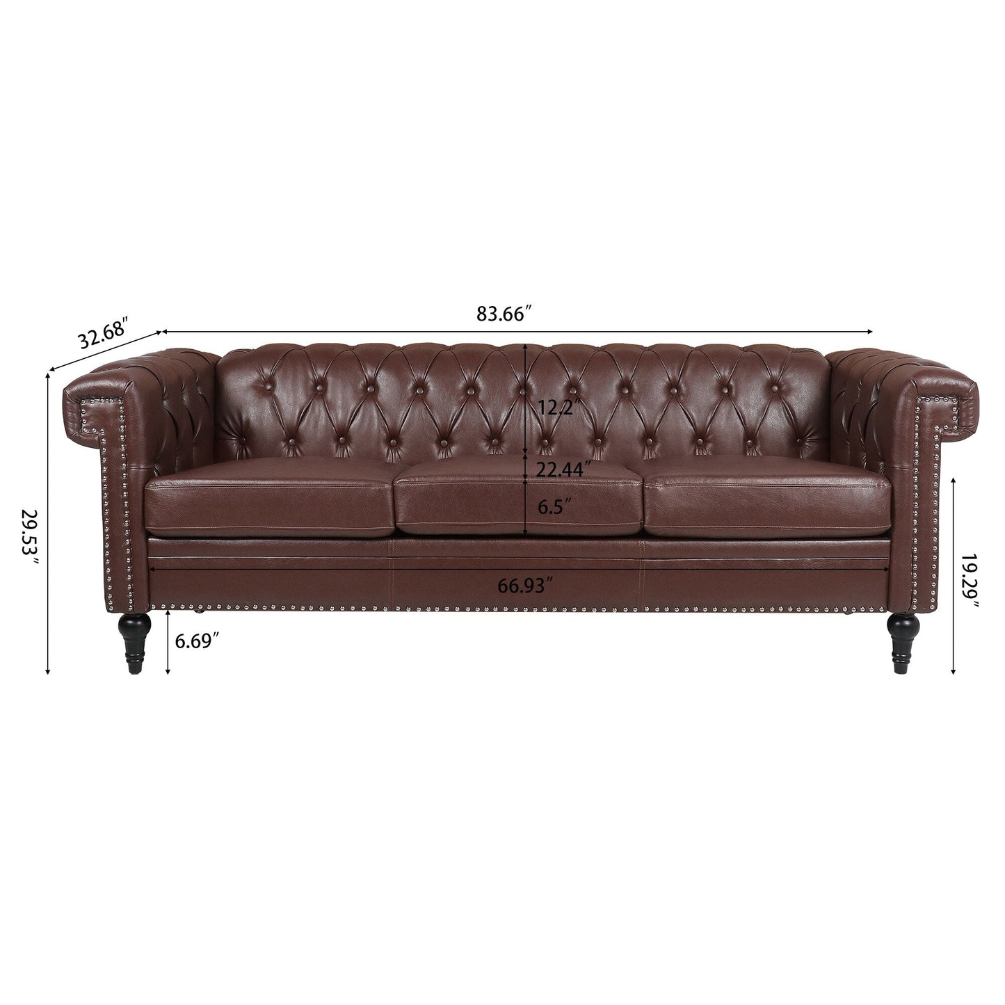 Canapé 3 places en cuir PU 83,66 pouces avec accoudoirs carrés et coussins amovibles, support à ressorts ensachés et garniture cloutée