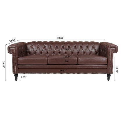 Canapé 3 places en cuir PU 83,66 pouces avec accoudoirs carrés et coussins amovibles, support à ressorts ensachés et garniture cloutée
