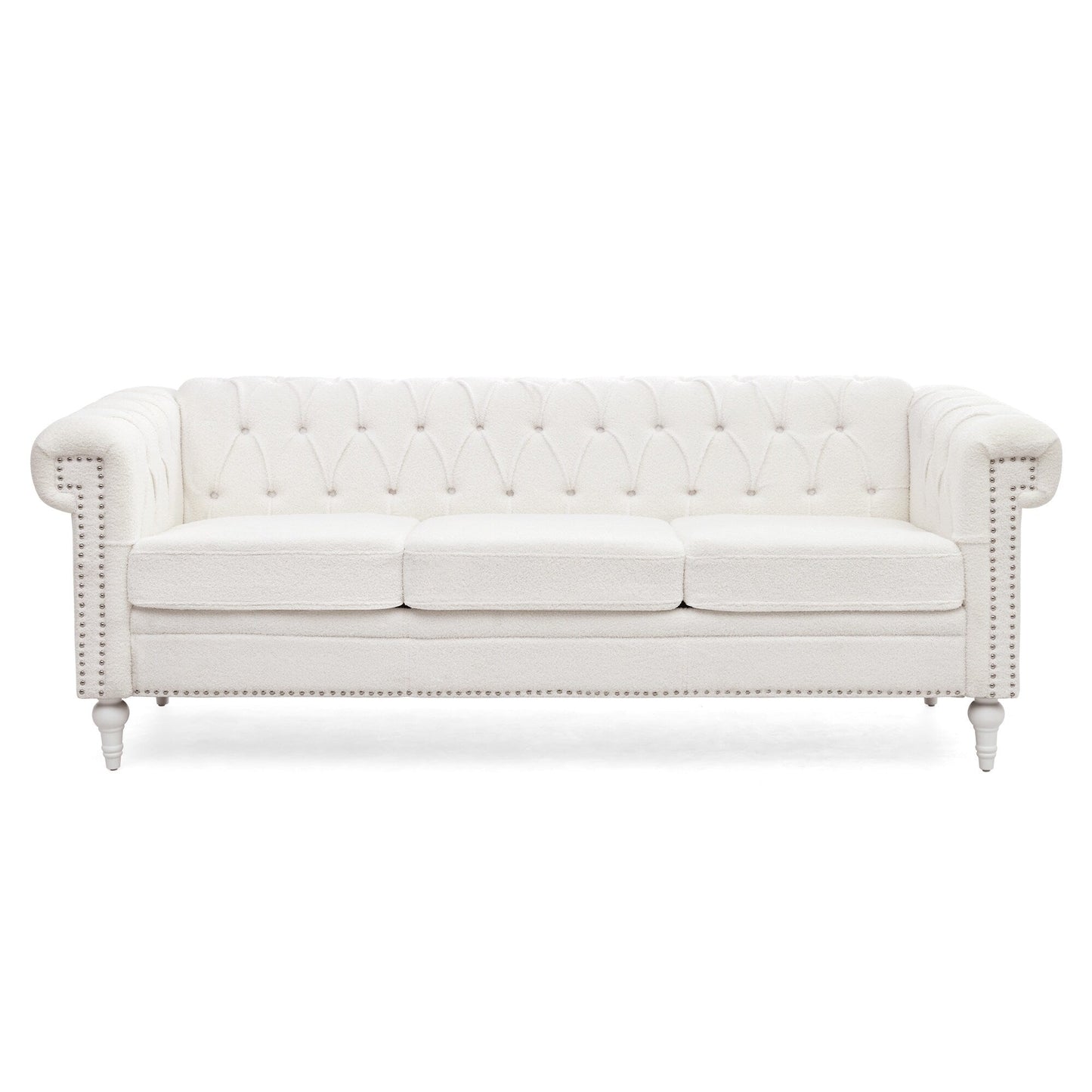 Canapé 3 places en cuir PU 83,66 pouces avec accoudoirs carrés et coussins amovibles, support à ressorts ensachés et garniture cloutée