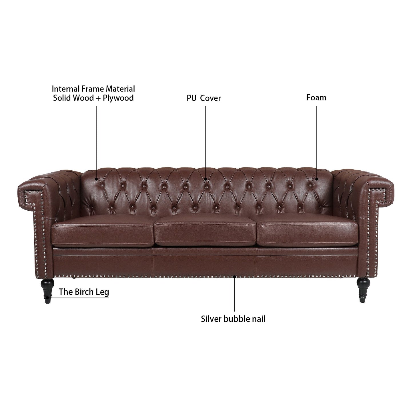 Canapé 3 places en cuir PU 83,66 pouces avec accoudoirs carrés et coussins amovibles, support à ressorts ensachés et garniture cloutée