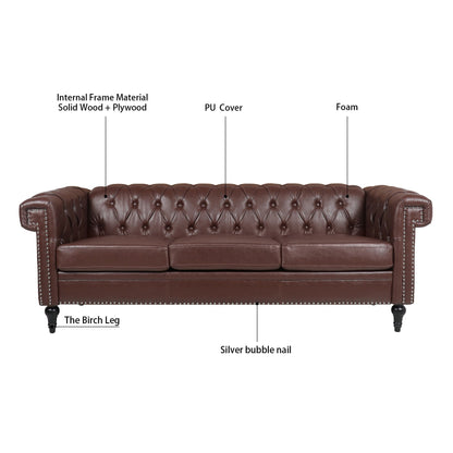 Canapé 3 places en cuir PU 83,66 pouces avec accoudoirs carrés et coussins amovibles, support à ressorts ensachés et garniture cloutée