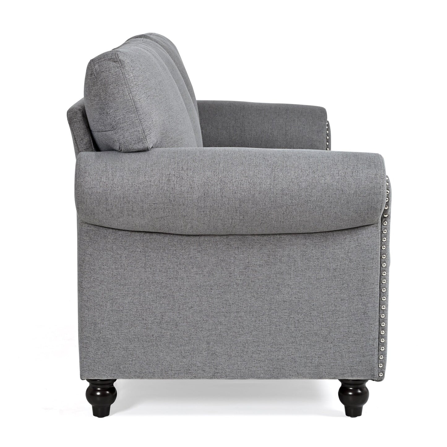 Canapé 3 places en tissu à accoudoirs enroulables, assise à ressorts ensachés, dossier en mousse PP et structure en bois massif (83,86 €)