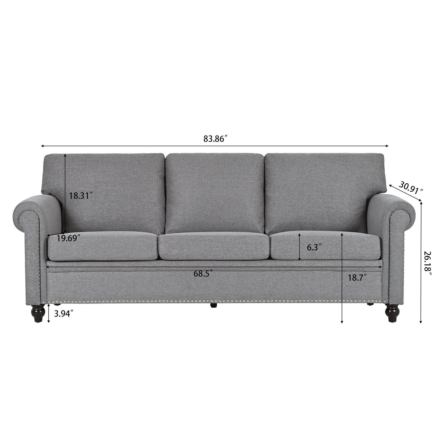 Canapé 3 places en tissu à accoudoirs enroulables, assise à ressorts ensachés, dossier en mousse PP et structure en bois massif (83,86 €)