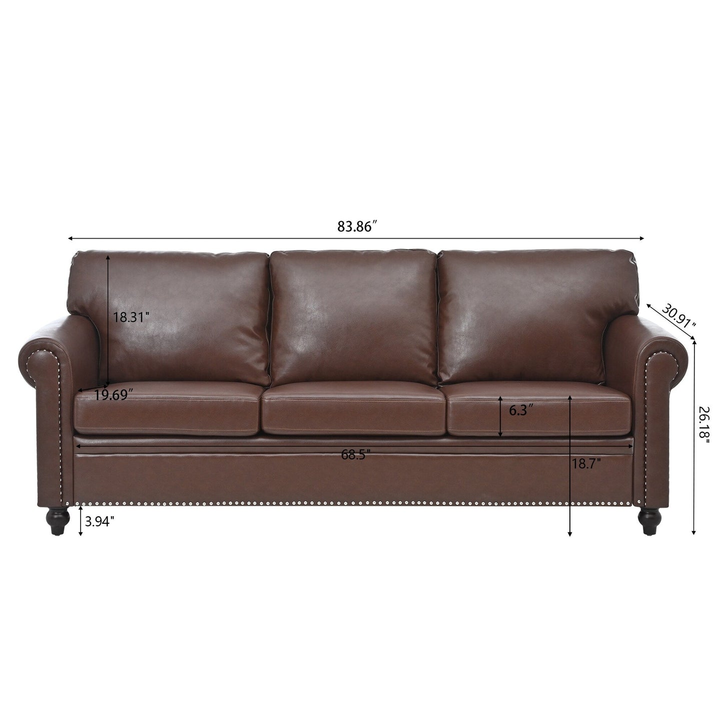 Canapé 3 places en tissu à accoudoirs enroulables, assise à ressorts ensachés, dossier en mousse PP et structure en bois massif (83,86 €)