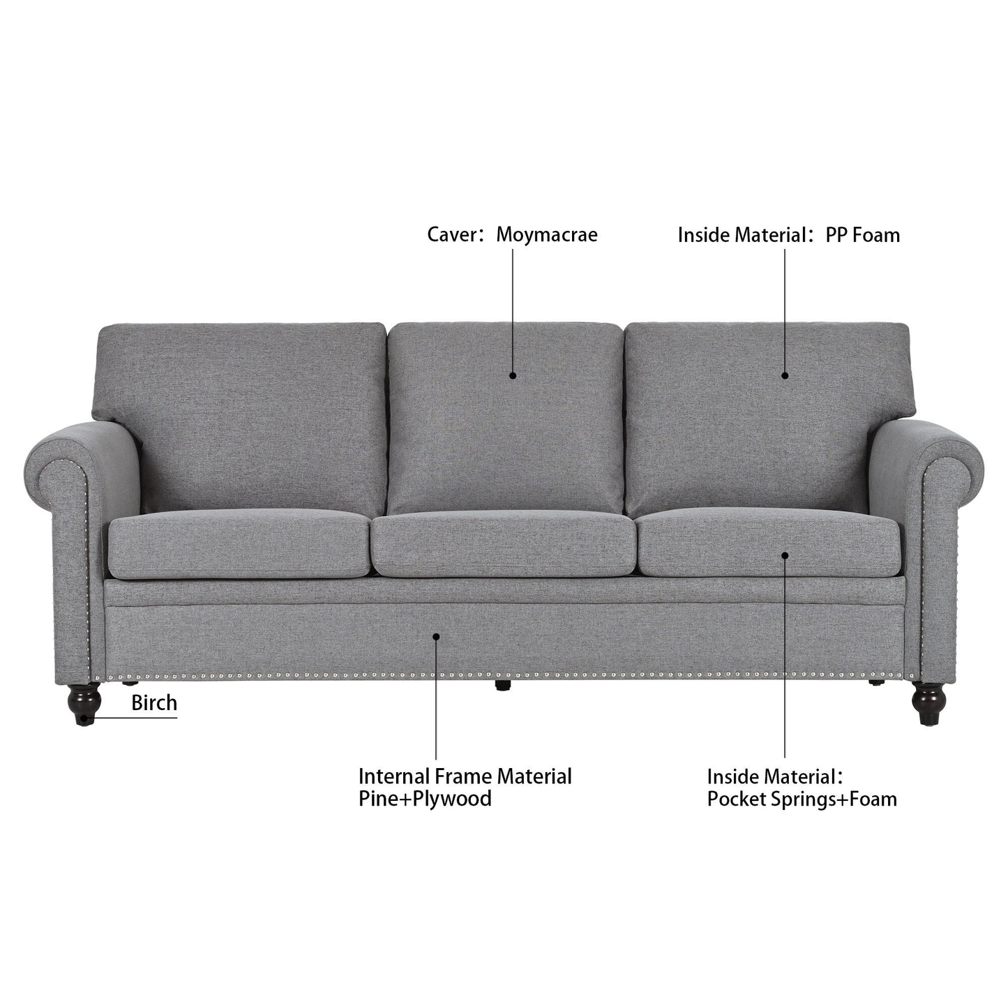 Canapé 3 places en tissu à accoudoirs enroulables, assise à ressorts ensachés, dossier en mousse PP et structure en bois massif (83,86 €)