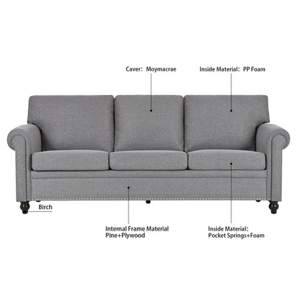 Canapé 3 places en tissu à accoudoirs enroulables, assise à ressorts ensachés, dossier en mousse PP et structure en bois massif (83,86 €)