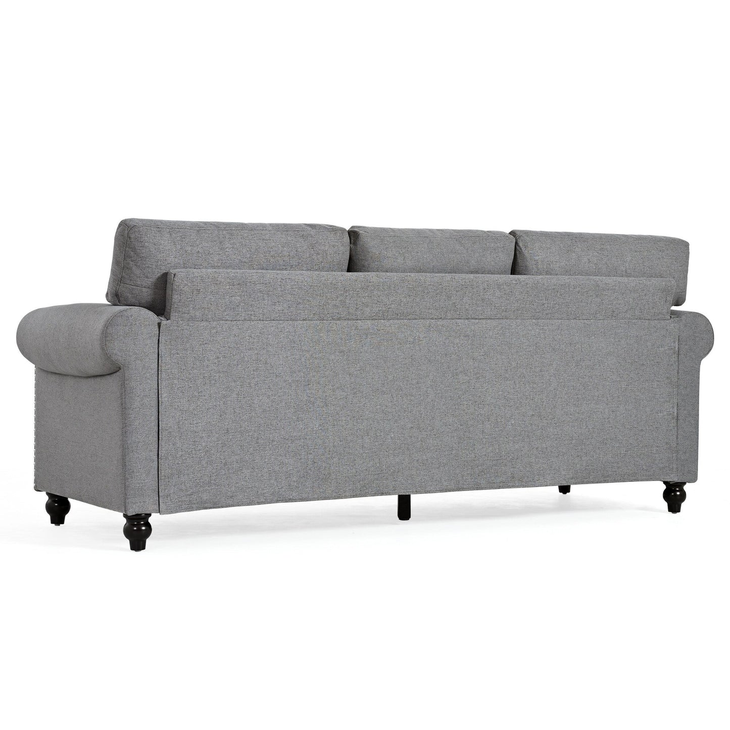 Canapé 3 places en tissu à accoudoirs enroulables, assise à ressorts ensachés, dossier en mousse PP et structure en bois massif (83,86 €)