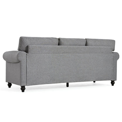 Canapé 3 places en tissu à accoudoirs enroulables, assise à ressorts ensachés, dossier en mousse PP et structure en bois massif (83,86 €)