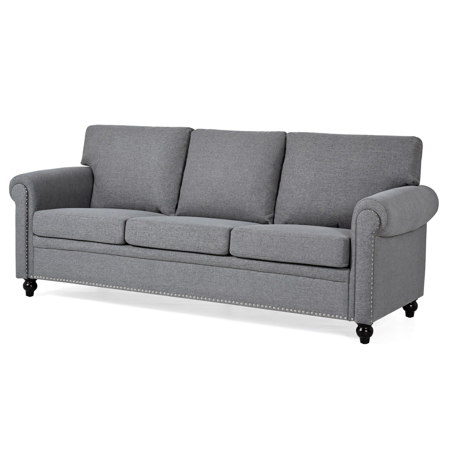 Canapé 3 places en tissu à accoudoirs enroulables, assise à ressorts ensachés, dossier en mousse PP et structure en bois massif (83,86 €)
