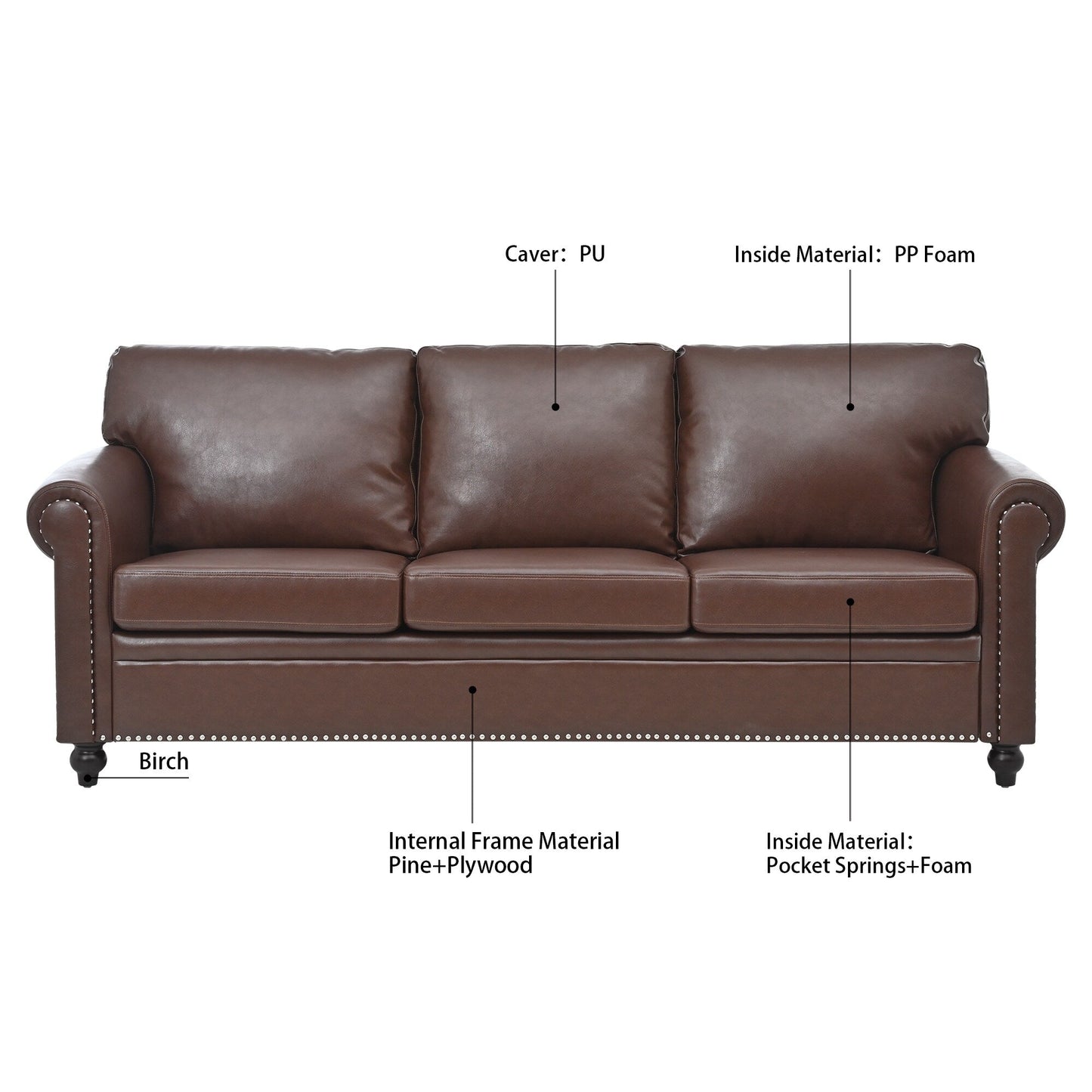 Canapé 3 places en tissu à accoudoirs enroulables, assise à ressorts ensachés, dossier en mousse PP et structure en bois massif (83,86 €)