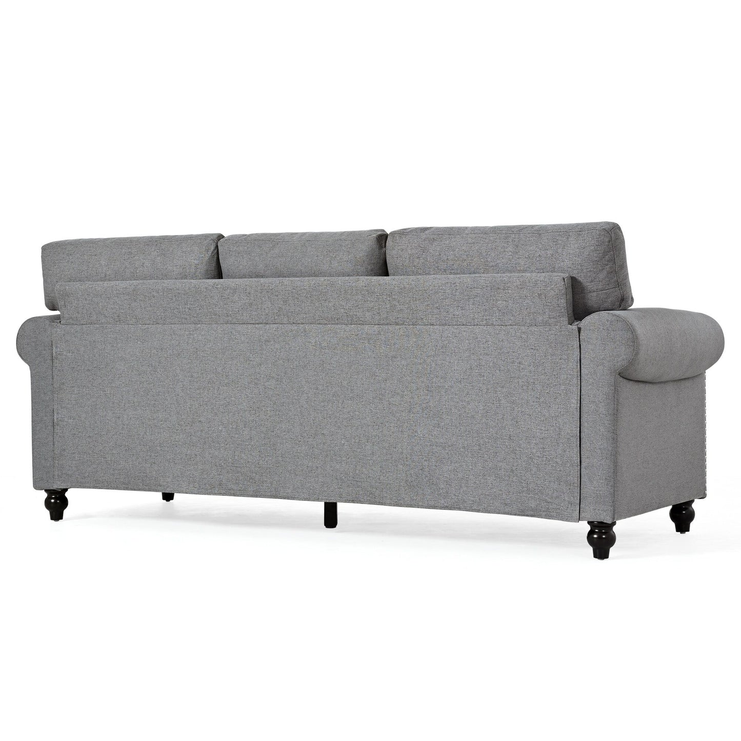 Canapé 3 places en tissu à accoudoirs enroulables, assise à ressorts ensachés, dossier en mousse PP et structure en bois massif (83,86 €)