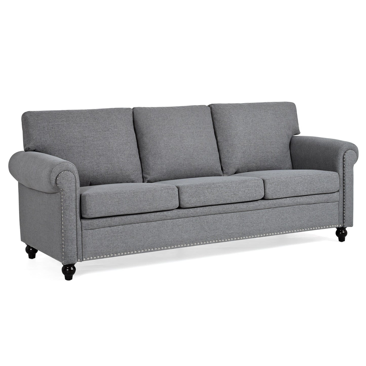 Canapé 3 places en tissu à accoudoirs enroulables, assise à ressorts ensachés, dossier en mousse PP et structure en bois massif (83,86 €)