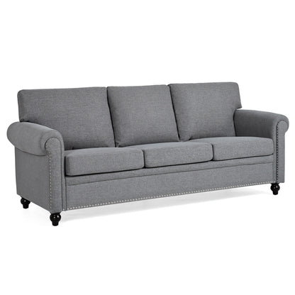 Canapé 3 places en tissu à accoudoirs enroulables, assise à ressorts ensachés, dossier en mousse PP et structure en bois massif (83,86 €)