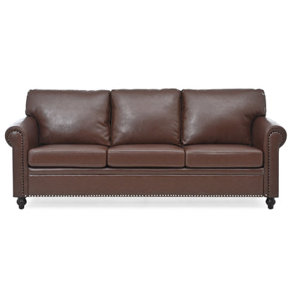 Canapé 3 places en tissu à accoudoirs enroulables, assise à ressorts ensachés, dossier en mousse PP et structure en bois massif (83,86 €)