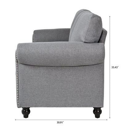 Canapé 3 places en tissu à accoudoirs enroulables, assise à ressorts ensachés, dossier en mousse PP et structure en bois massif (83,86 €)