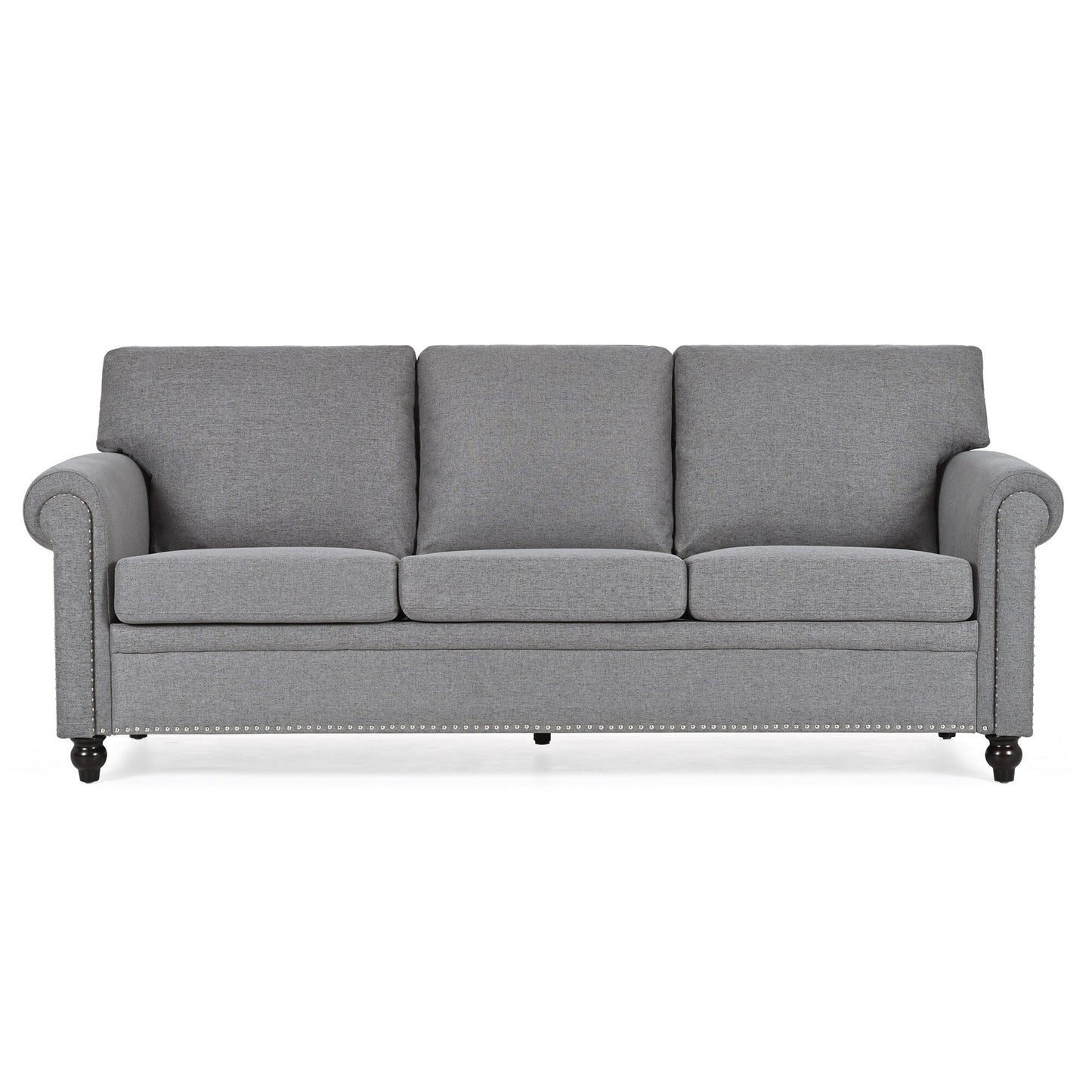 Canapé 3 places en tissu à accoudoirs enroulables, assise à ressorts ensachés, dossier en mousse PP et structure en bois massif (83,86 €)