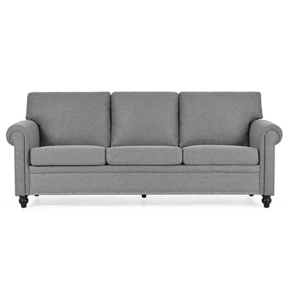 Canapé 3 places en tissu à accoudoirs enroulables, assise à ressorts ensachés, dossier en mousse PP et structure en bois massif (83,86 €)