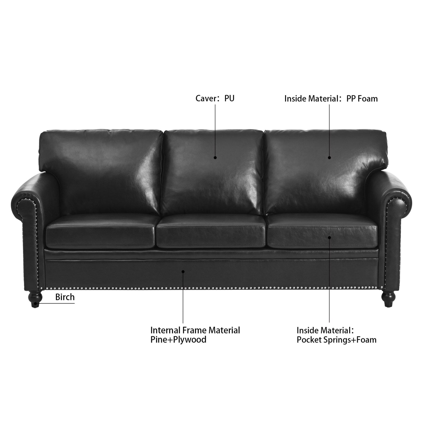 Canapé 3 places en tissu à accoudoirs enroulables, assise à ressorts ensachés, dossier en mousse PP et structure en bois massif (83,86 €)