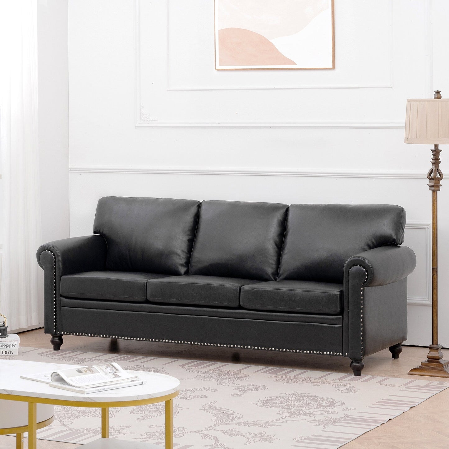 Canapé 3 places rembourré avec clous et pieds en bouleau pour salon (83,86 €)