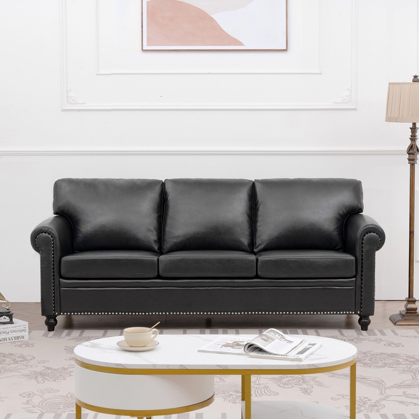 Canapé 3 places rembourré avec clous et pieds en bouleau pour salon (83,86 €)