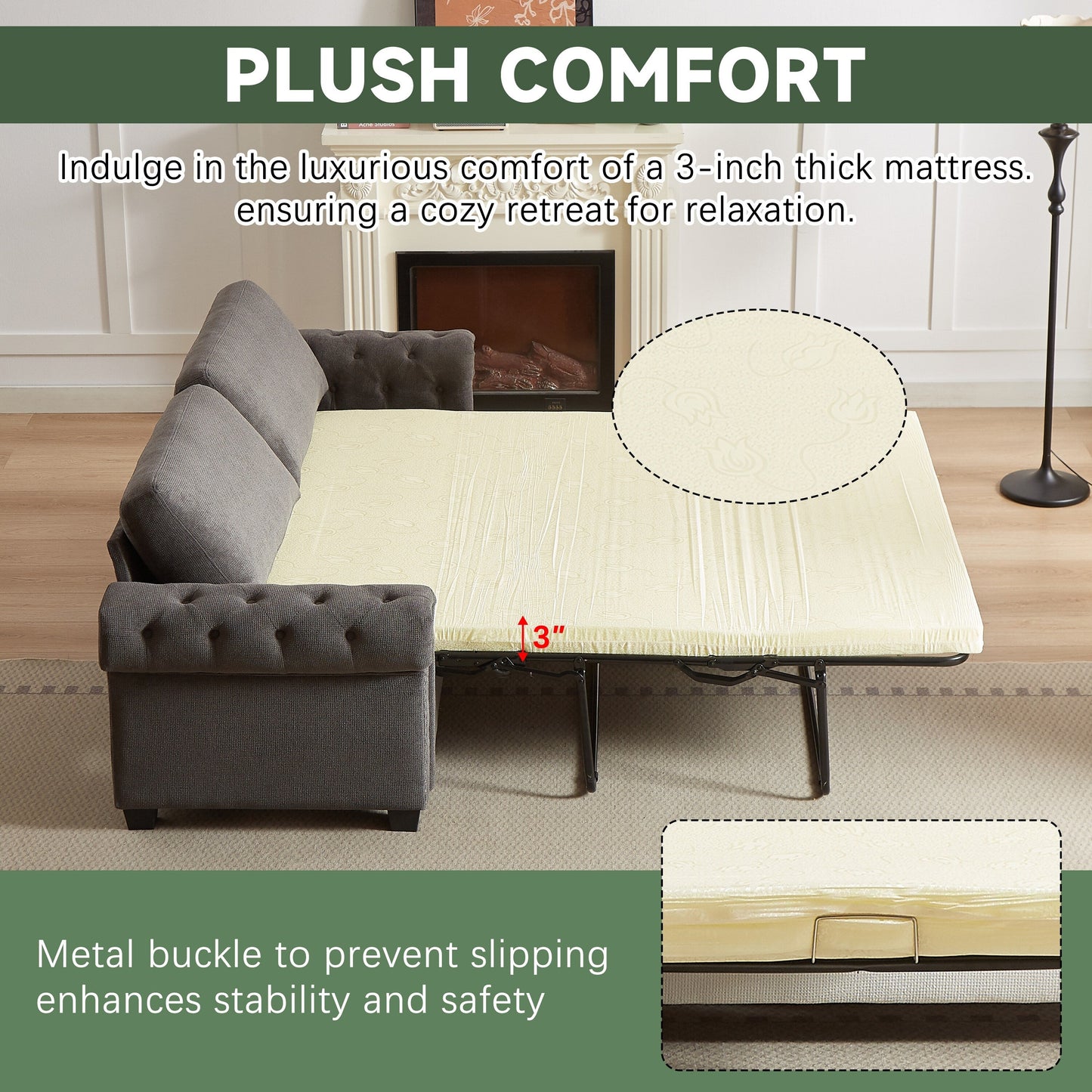 Canapé-lit convertible 2 en 1 3 places en polyester avec matelas pliable pour salon