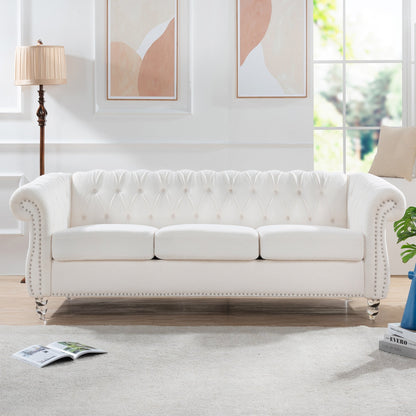 Canapé capitonné blanc nordique avec accoudoirs roulés - 32,09 x 84,65 x 28,35