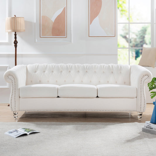 Canapé capitonné blanc nordique avec accoudoirs roulés - 32,09 x 84,65 x 28,35