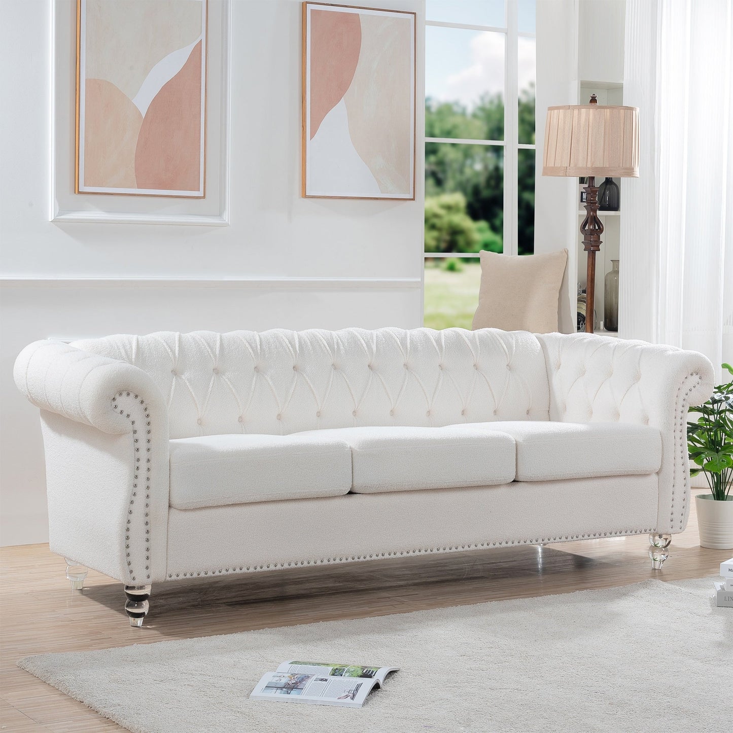 Canapé capitonné blanc nordique avec accoudoirs roulés - 32,09 x 84,65 x 28,35