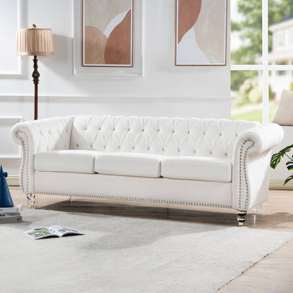 Canapé capitonné blanc nordique avec accoudoirs roulés - 32,09 x 84,65 x 28,35