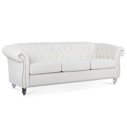 Canapé capitonné blanc nordique avec accoudoirs roulés - 32,09 x 84,65 x 28,35
