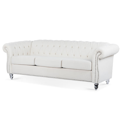 Canapé capitonné blanc nordique avec accoudoirs roulés - 32,09 x 84,65 x 28,35