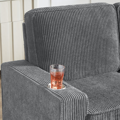 Canapé 3 places en velours côtelé 84,25 avec accoudoirs porte-gobelets - Coussins en éponge haute densité et à ressorts