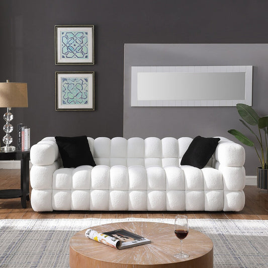 84.3 Luxueux grand canapé Boucle 3 places rembourré Marshmallow avec 2 coussins décoratifs carrés et accoudoirs carrés