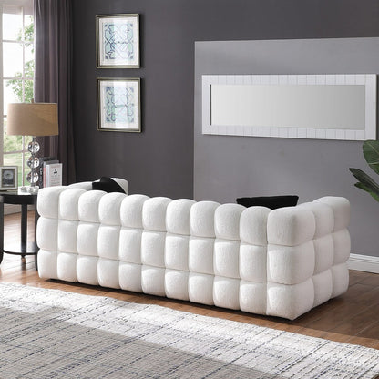 84.3 Luxueux grand canapé Boucle 3 places rembourré Marshmallow avec 2 coussins décoratifs carrés et accoudoirs carrés